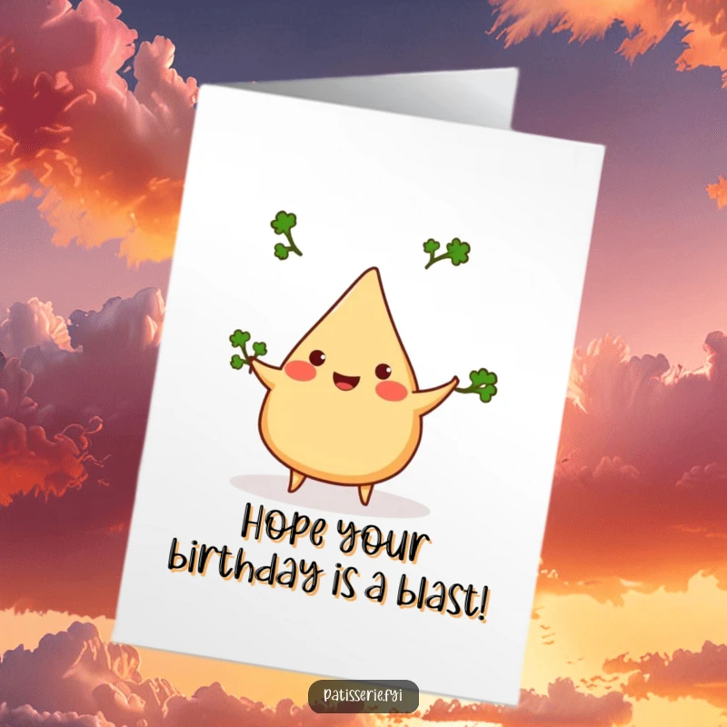 Funny Free Printable Birthday Card: A happy samosa expertly juggling three small cilantro sprigs with a smile.