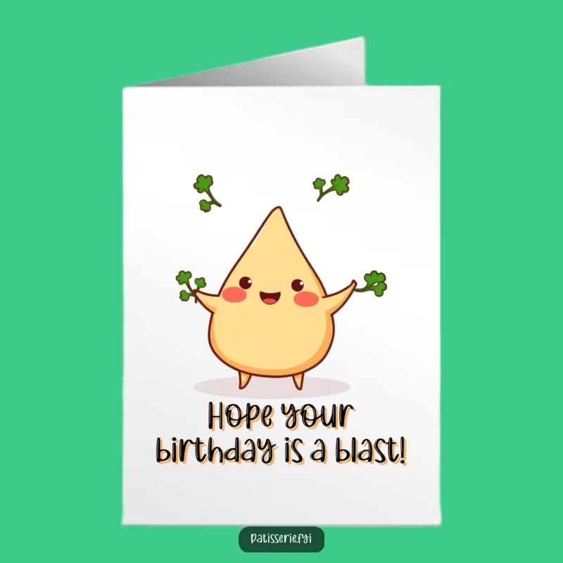 Free Printable Birthday Card: Cheerful Samosa Juggling Cilantro Funny Downloadable Gift