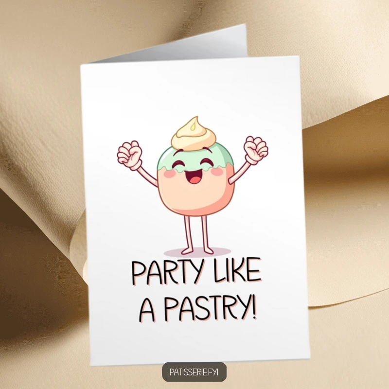 Funny Free Printable Birthday Card: A joyful cake pop character triumphantly fist pumps with infectious energy.