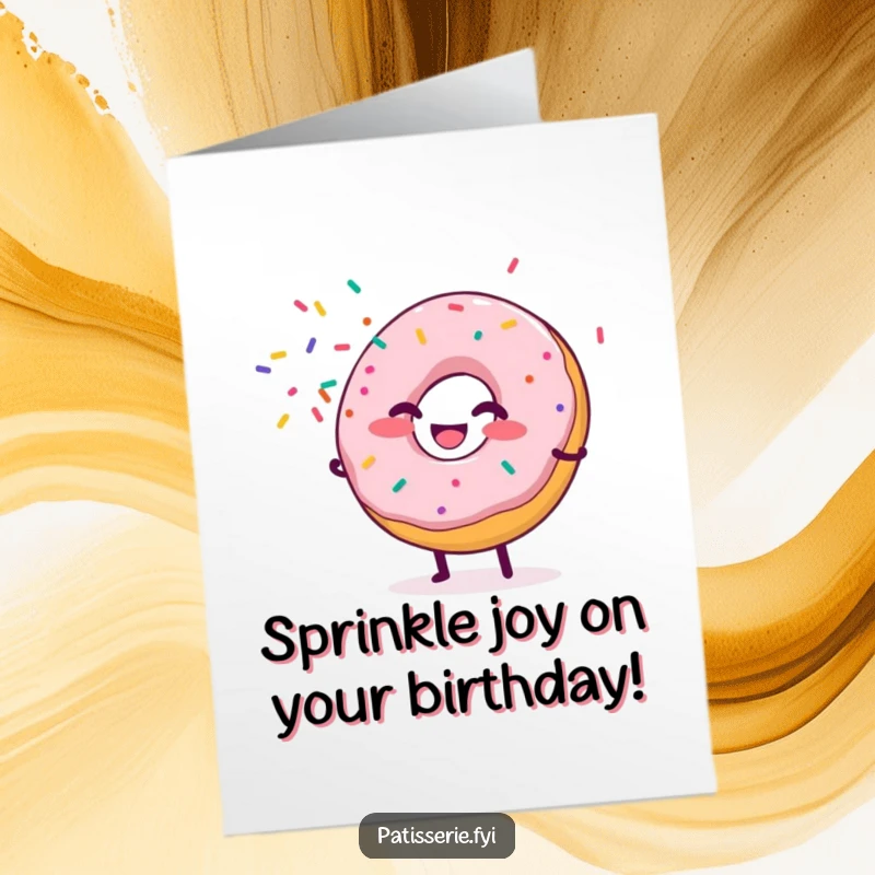 Funny Free Printable Birthday Card: Giggling donut character spraying sprinkles like confetti for a birthday party. Downloadable.