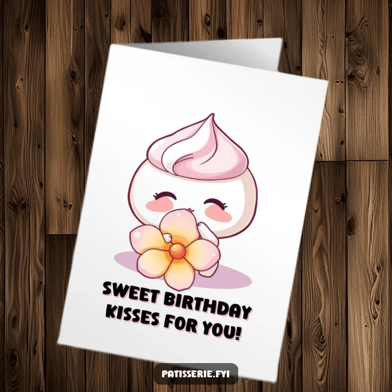 Funny Free Printable Birthday Card: An excited meringue gently kissing a flower petal, conveying sweet birthday wishes.