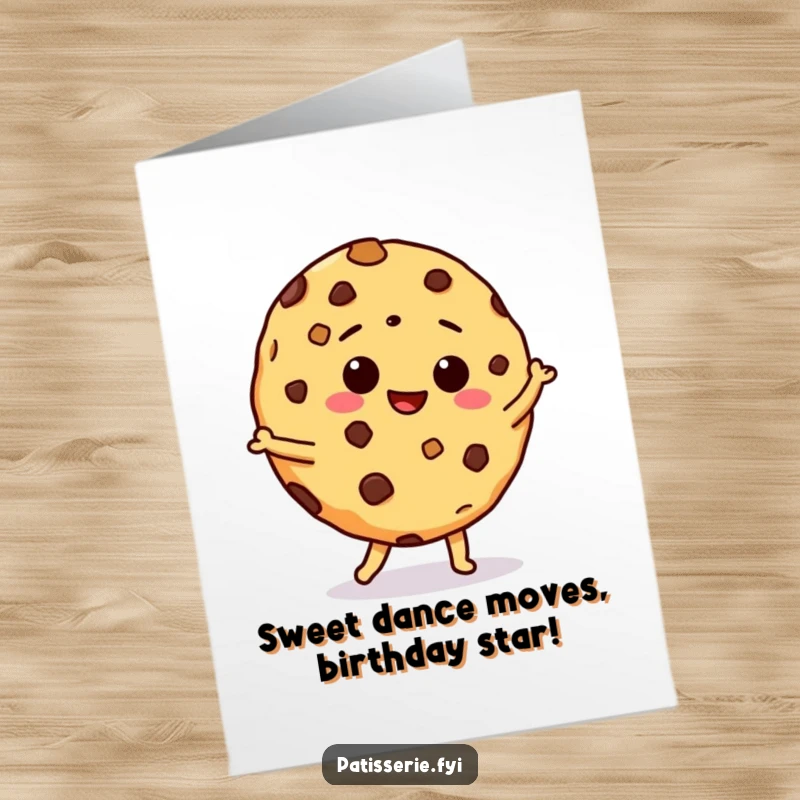 Funny Free Printable Birthday Card: Giddy chocolate chip cookie doing a silly dance, spreading joy and cheer. Downloadable and printable.