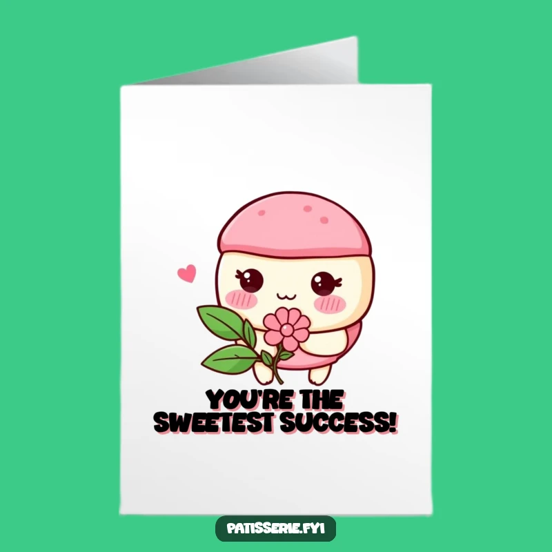 Free Printable Congrats Card: Blushing Macaron Holding Flower, Adorable Downloadable for a Sweet Gift