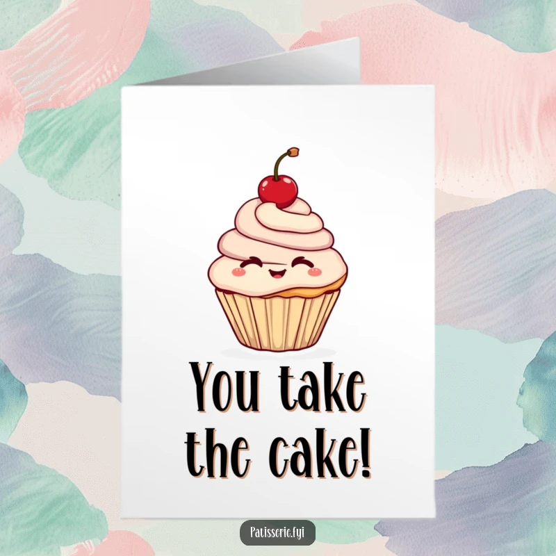 Funny Free Printable Congratulations Card: A happy cupcake character winks, holding a cherry aloft in celebration.