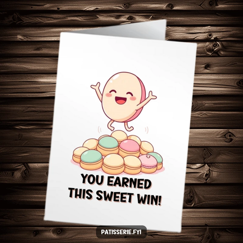 Funny Free Printable Congratulations Card: Ecstatic macaron character leaping over cream puffs in a celebratory mood.