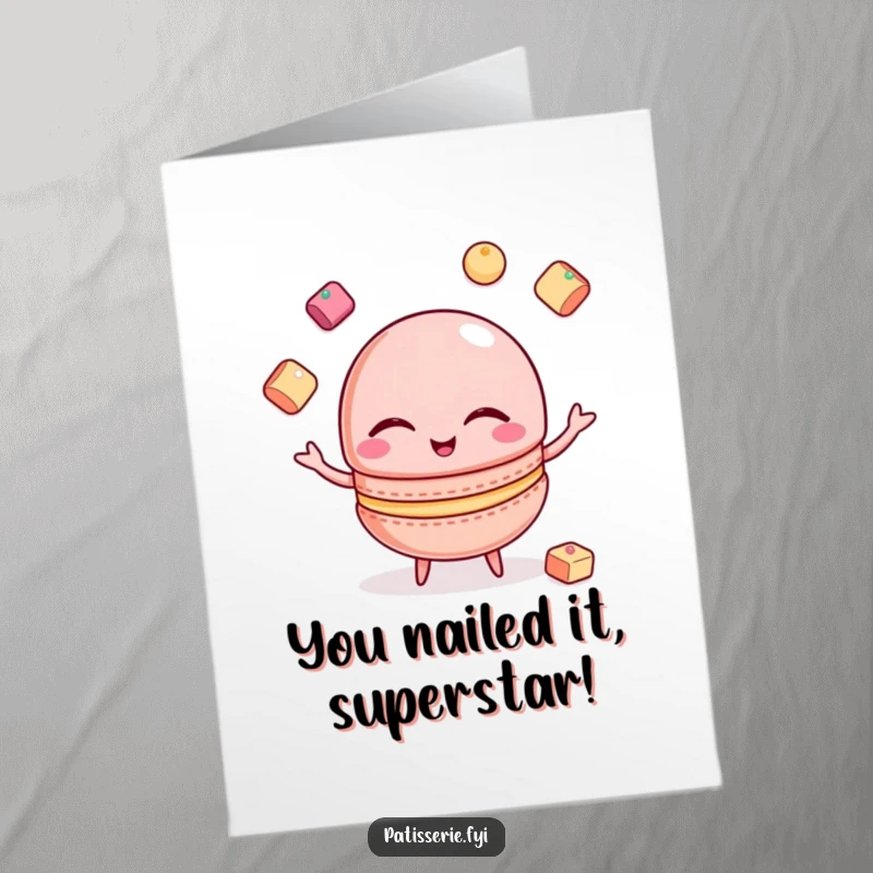 Funny Free Printable Congrats Card: A winking macaron juggling sugar cubes, celebrating your awesome achievement.