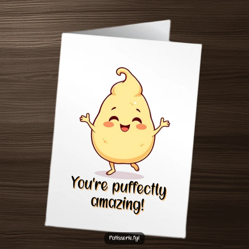 Funny Free Printable Congrats Card: Giggling profiterole character doing a funny jig, celebrating achievement.