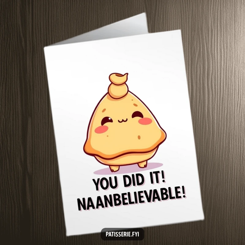 Funny Free Printable Congratulations Card: Samosa with focused expression balancing a chickpea on its nose.