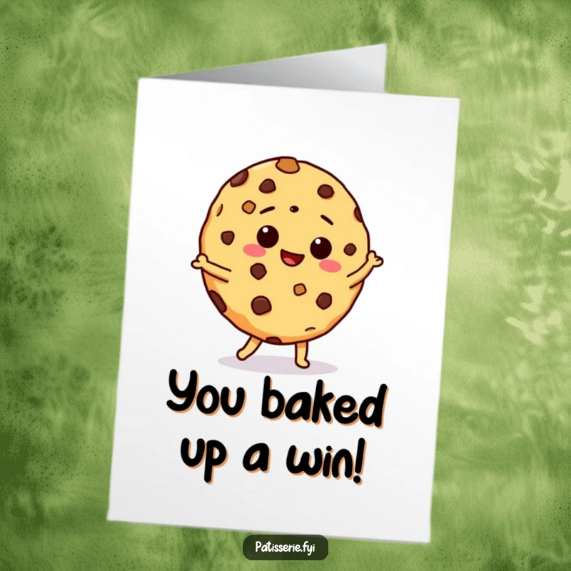 Funny Free Printable Congratulations Card: Giddy chocolate chip cookie performing a joyous silly dance. Perfect downloadable greeting.