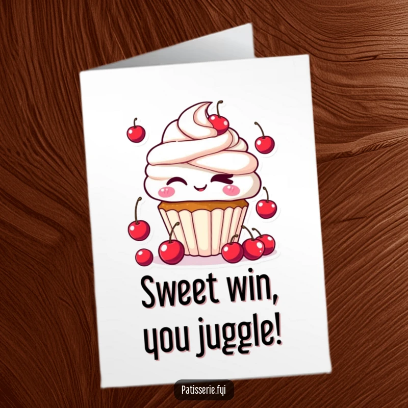 Funny Free Printable Congratulations Card: Kawaii cupcake winking, skillfully juggling miniature cherries. Celebratory downloadable art.