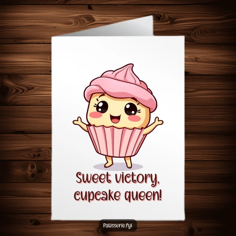 Funny Free Printable Cupcake Congratulations Card: A giddy cupcake with wide eyes doing a silly dance to celebrate