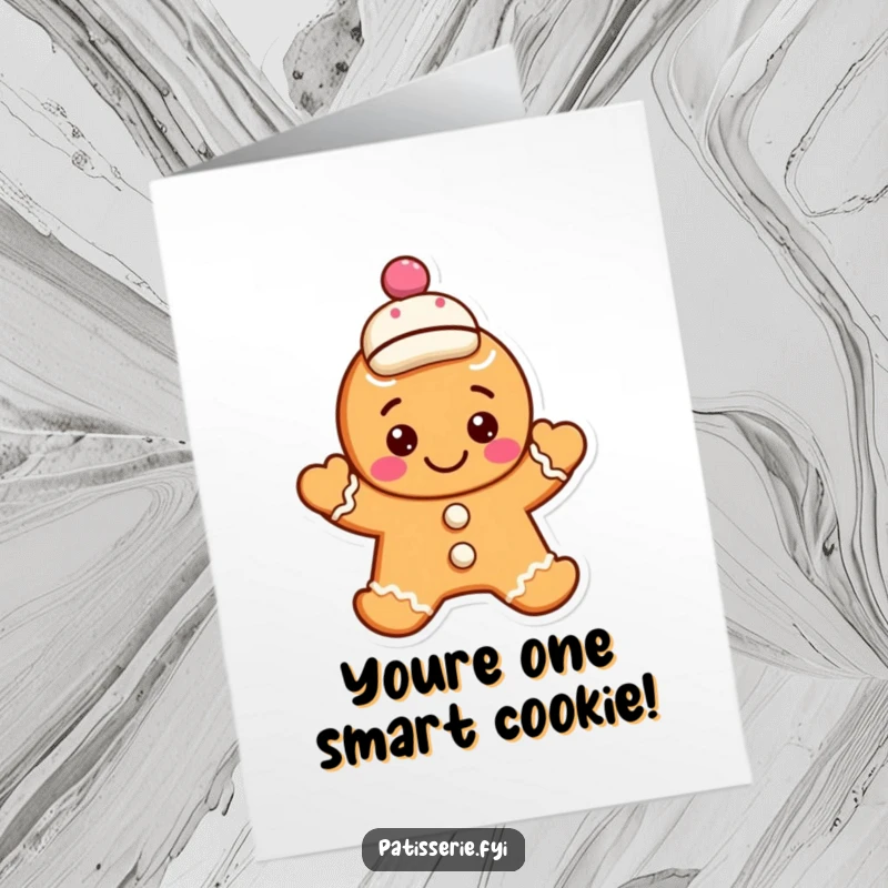 Funny Free Printable Congrats Card: A smiling gingerbread cookie with a jaunty cap waves hello, celebrating your success.