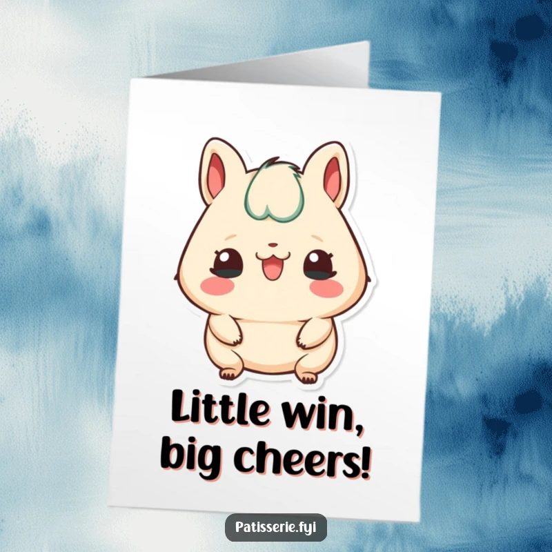 Funny Free Printable Congratulations Card: Petit four character playfully sticking its tongue out in a cheeky celebration.