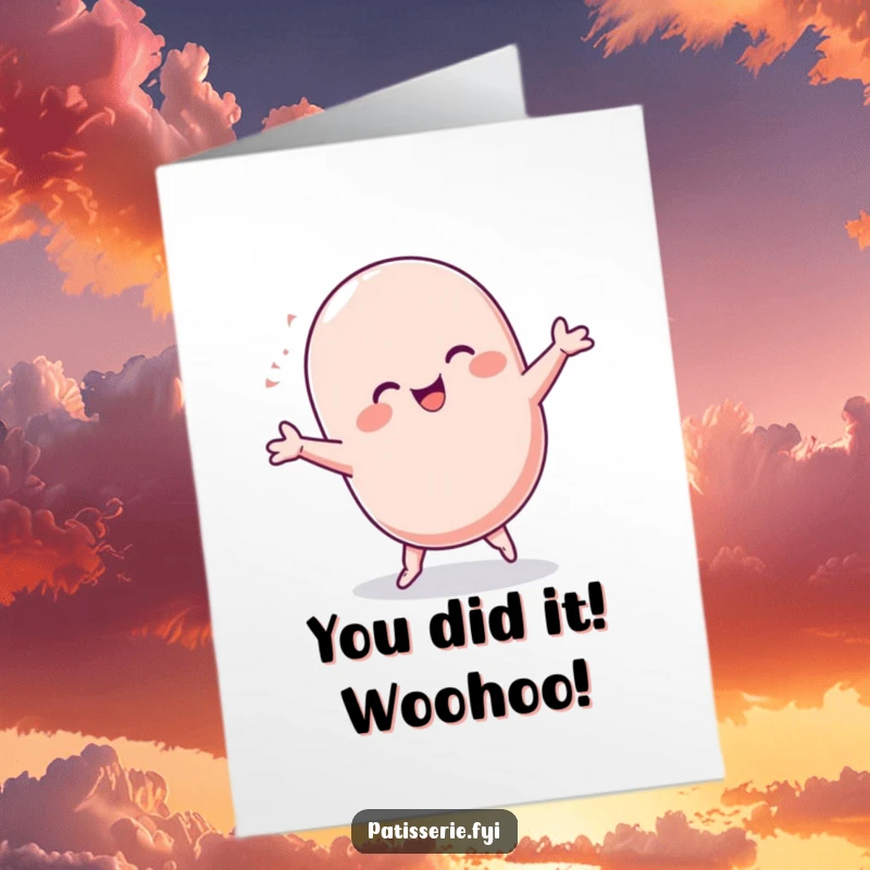 Funny Free Printable Congratulations Card: Chubby macaron doing a celebratory cartwheel, spreading excitement and cheer.