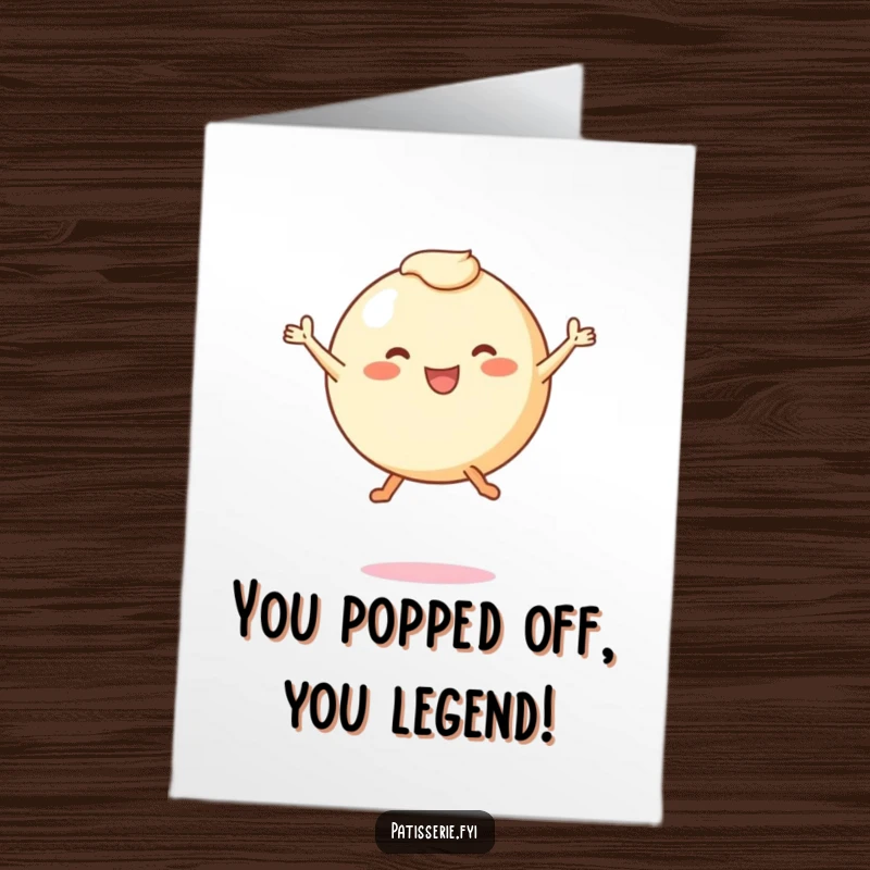 Funny free printable congratulations card of a round pastry character with tiny legs leaping in pure delight, celebrating success.