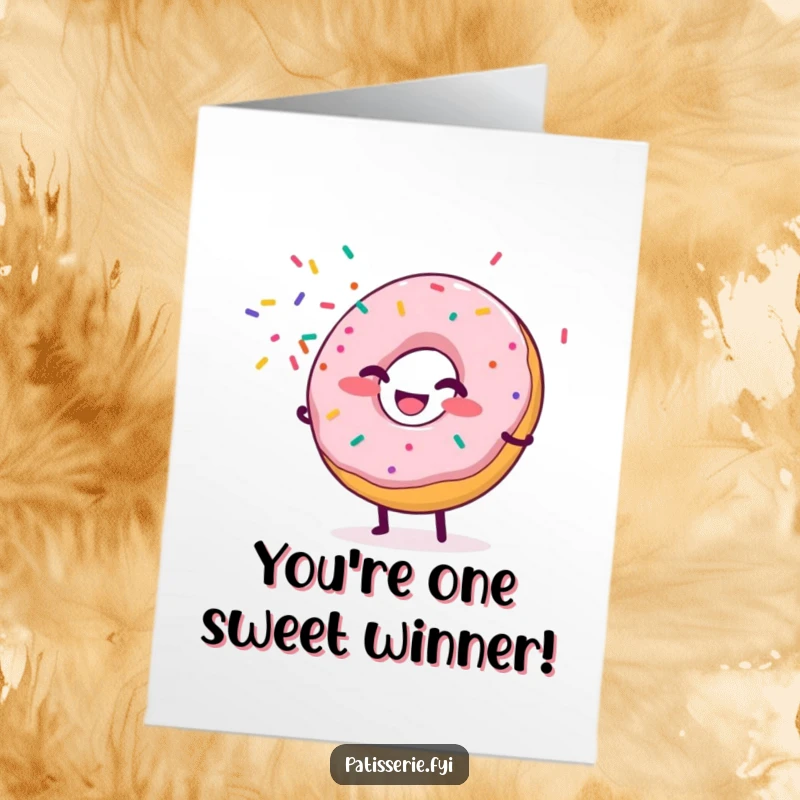Funny Free Printable Congratulations Card: Giggling donut spraying sprinkles like confetti in celebration of success. Downloadable.