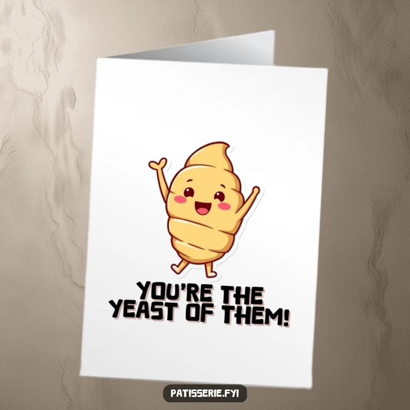 Funny Free Printable Congratulations Card: A happy croissant character jumps with excitement, arm raised in triumph.