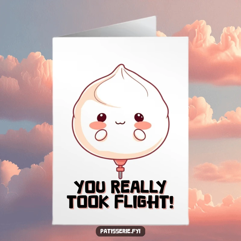 Funny Free Printable Meringue Congratulations Card with a character puffing cheeks, appearing to float away like a balloon.