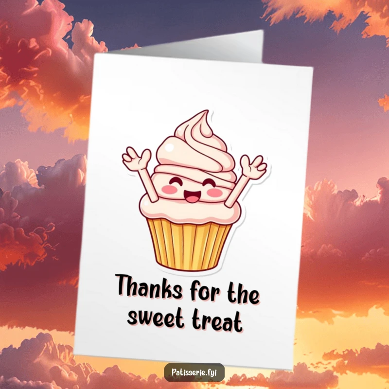 Funny Free Printable Thank You Card: A happy cupcake flinging frosting, expressing sincere thanks.