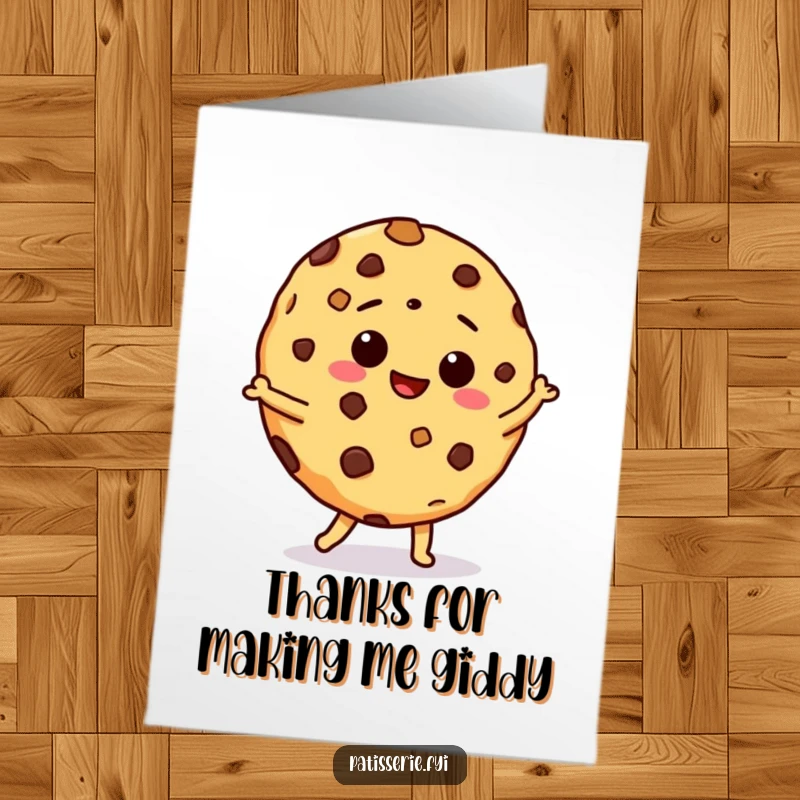 Funny Free Printable Thank You Card: Giddy chocolate chip cookie doing a delightful silly dance. Unique and printable.