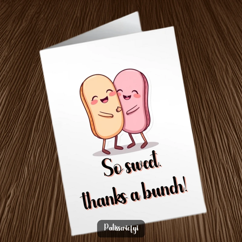 Funny Free Printable Thank You Card: Giggling macarons with tiny legs hug each other sweetly, conveying thanks.