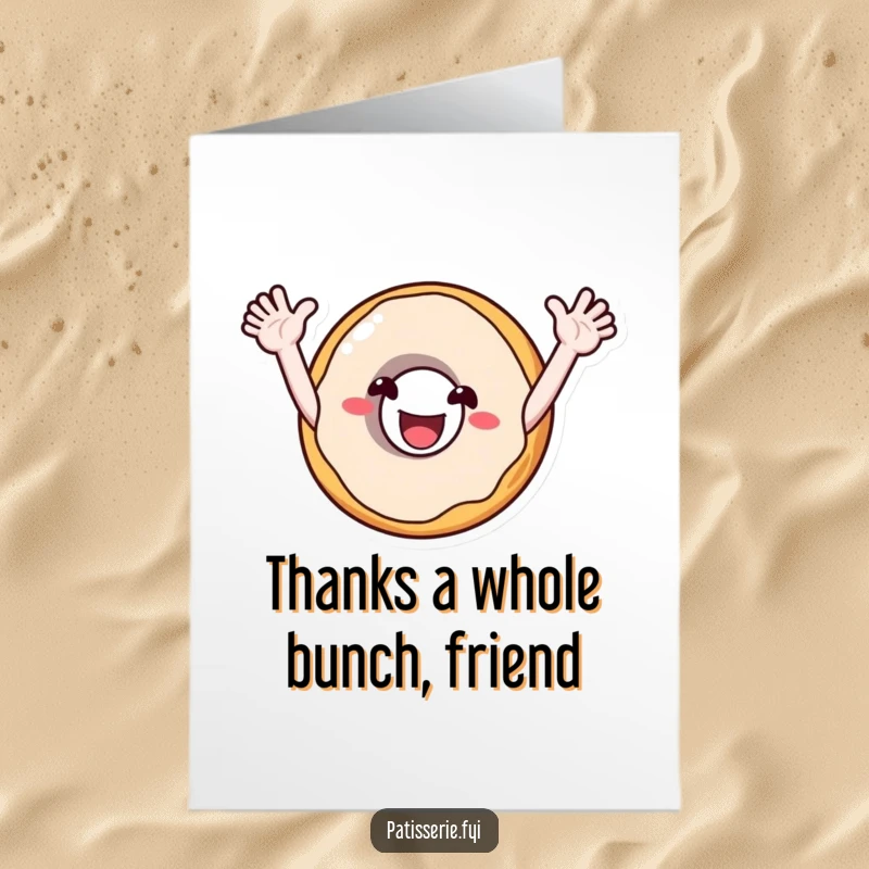 Funny free printable thank you card depicting a smiling donut character with arms outstretched, cheering with gratitude.
