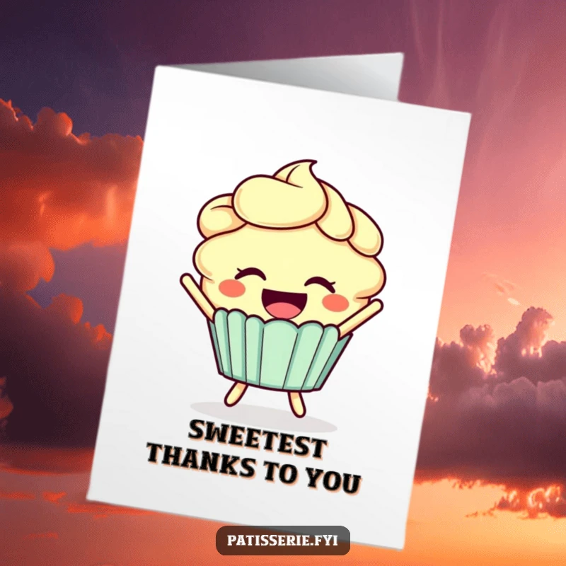 Funny Free Printable Thank You Card: A smiling cupcake with frosting hair leaps joyfully, offering sweet and humorous thanks.