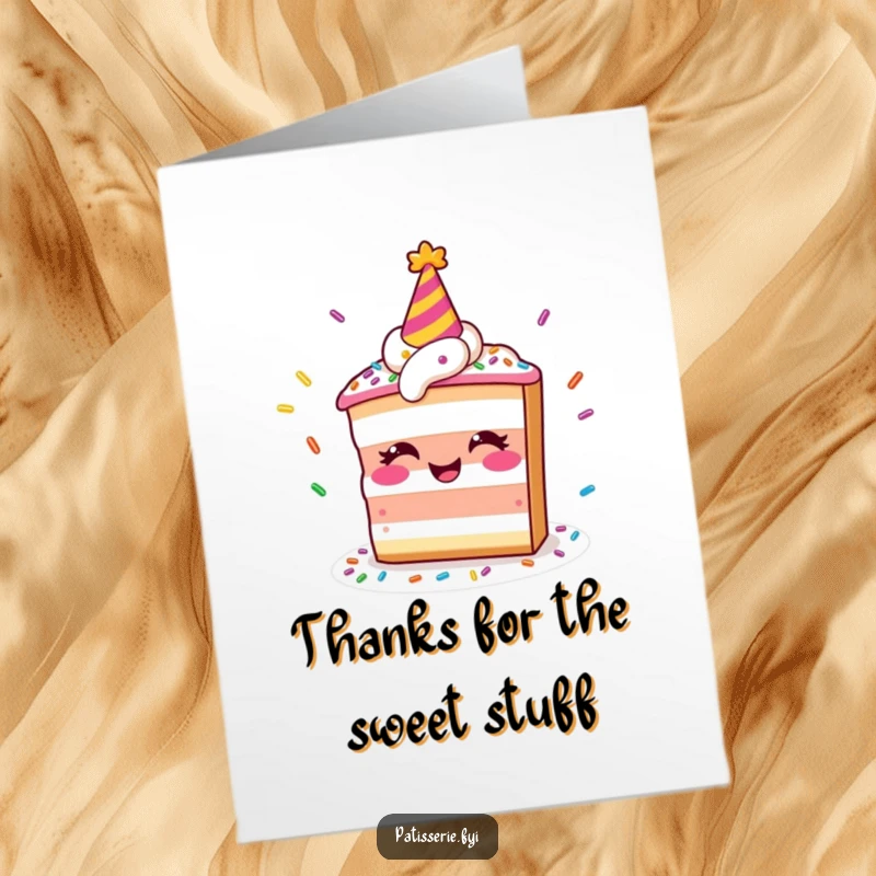 Funny Free Printable Thank You Card: A smiling cake slice juggles sprinkles, sending thanks with festive flair.