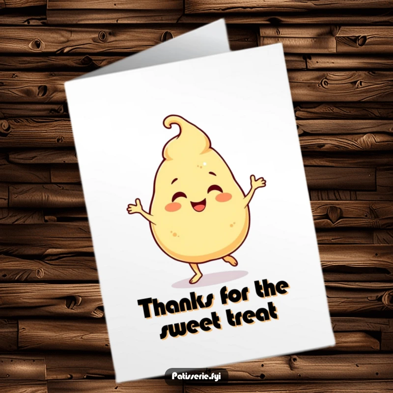 Funny Free Printable Thank You Card: A giggling profiterole character doing a funny jig to express thanks.