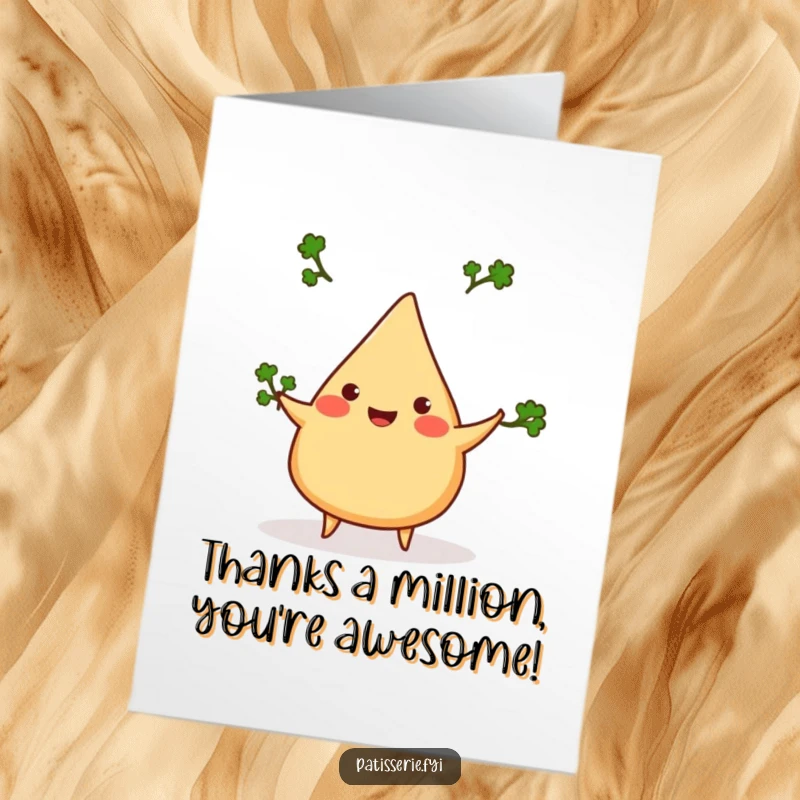 Funny Free Printable Thank You Card: A delighted samosa juggling cilantro sprigs, showing appreciation.