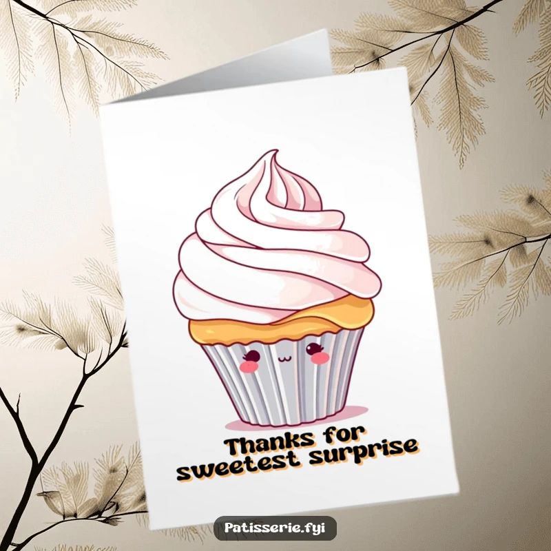 Funny Free Printable Thank You Card: A bashful cupcake character peeking out from under a big dollop of cream.