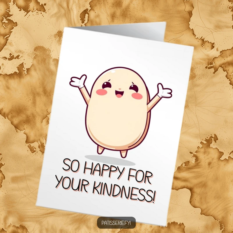 Funny Free Printable Thank You Card showcasing a happy macaron character, arms up, celebrating a moment of gratitude.