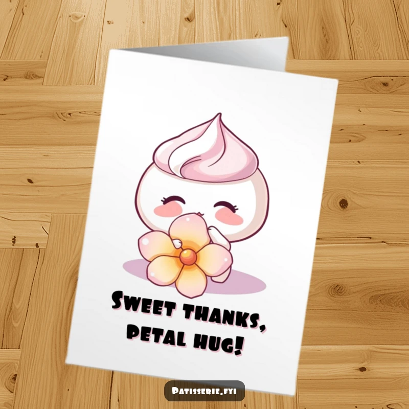 Funny Free Printable Thank You Card: A meringue giving a soft kiss to a flower petal, expressing heartfelt thanks.