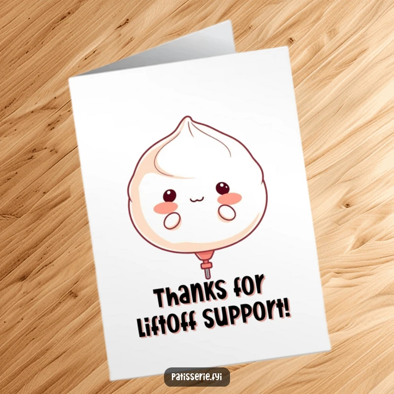 Funny Free Printable Meringue Thank You Card, a character puffing cheeks as if floating away, expressing gratitude.