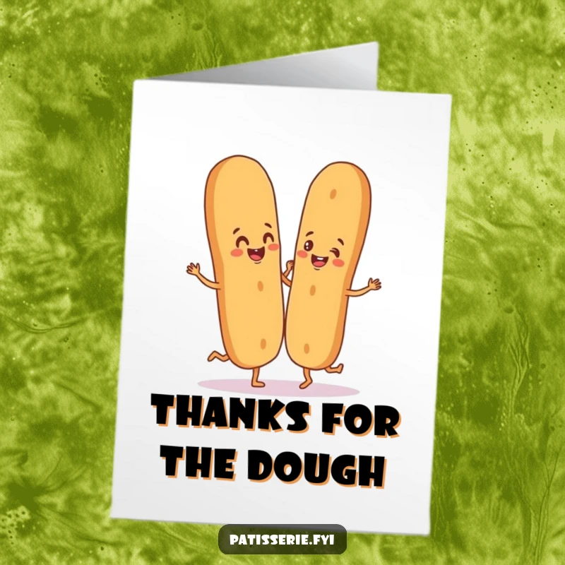 Funny Free Printable Thank You card with a happy baguette character doing a silly dance with a breadstick partner, expressing thanks.