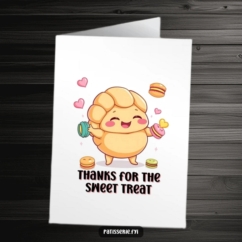 Funny Free Printable Thank You Card: A plump croissant character giggling while juggling tiny macarons, offering a sweet thank you.