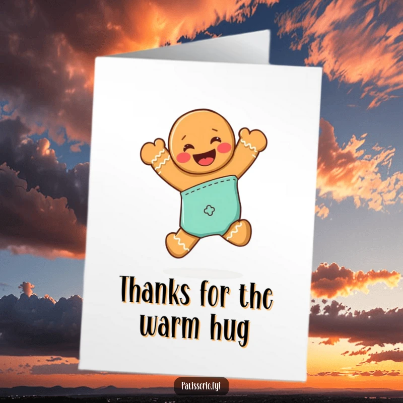 Funny Free Printable Thank You card with a grinning gingerbread man joyfully jumping from an oven mitt, expressing thanks.