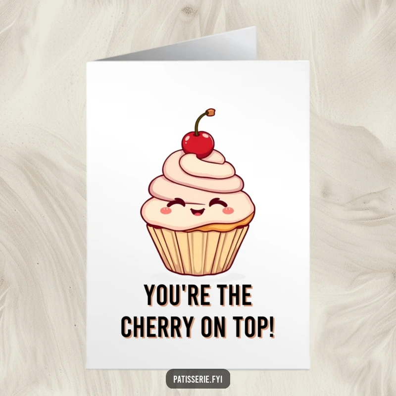 Funny Free Printable Thank You Card: A cheerful cupcake winks, presenting a cherry as a token of thanks.