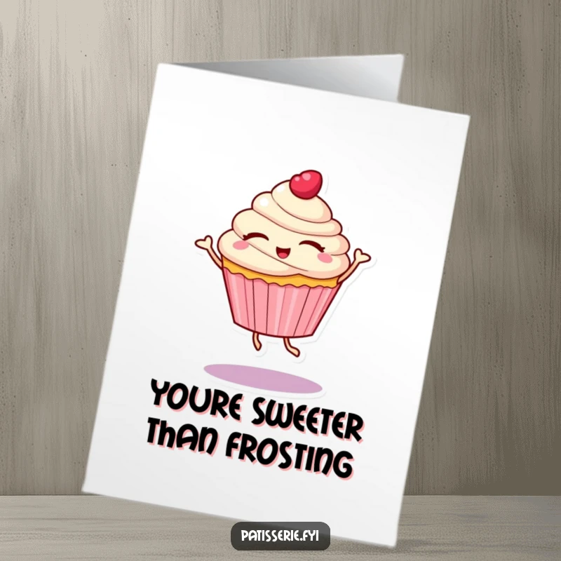 Funny free printable thank you card of a cupcake character with eyes closed, spinning happily in a delightful dance, showing thanks.