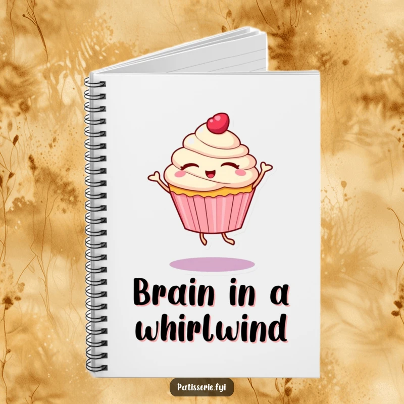 Funny notebook with a cupcake character with eyes closed, spinning in a delightful dance, perfect for capturing ideas with sweet flair.