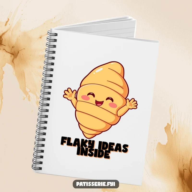 Funny croissant notebook with a beaming pastry character enthusiastically waving hello on the cover, great for note-taking.
