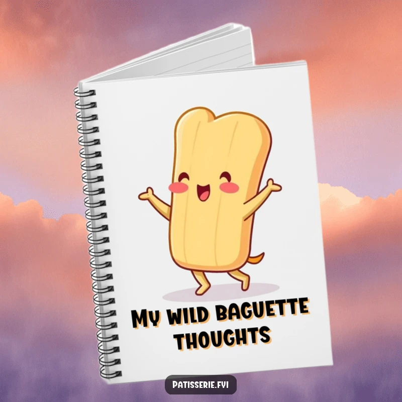 Funny baguette notebook featuring a cheerful character doing a silly little jig, perfect for jotting down creative thoughts and plans.