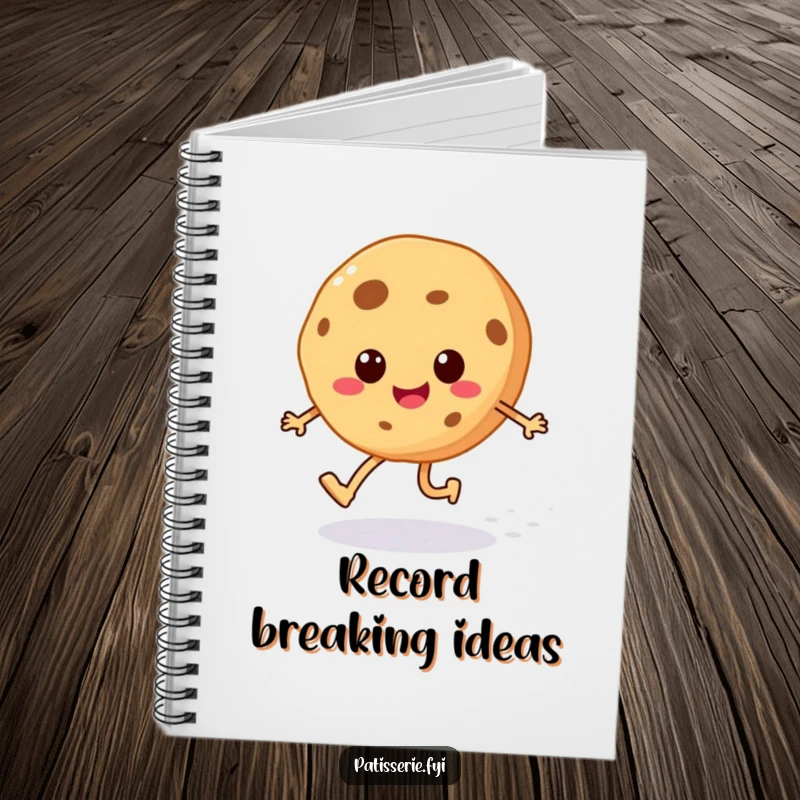 Funny cheerful cookie notebook with a happy skipping character leaving a sugar sprinkle trail on the cover, great for notes.