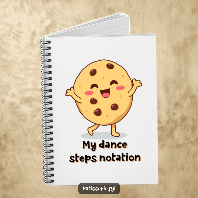 Funny cookie notebook featuring a giddy, chocolate chip cookie doing a silly dance, ideal for jotting down funny notes.
