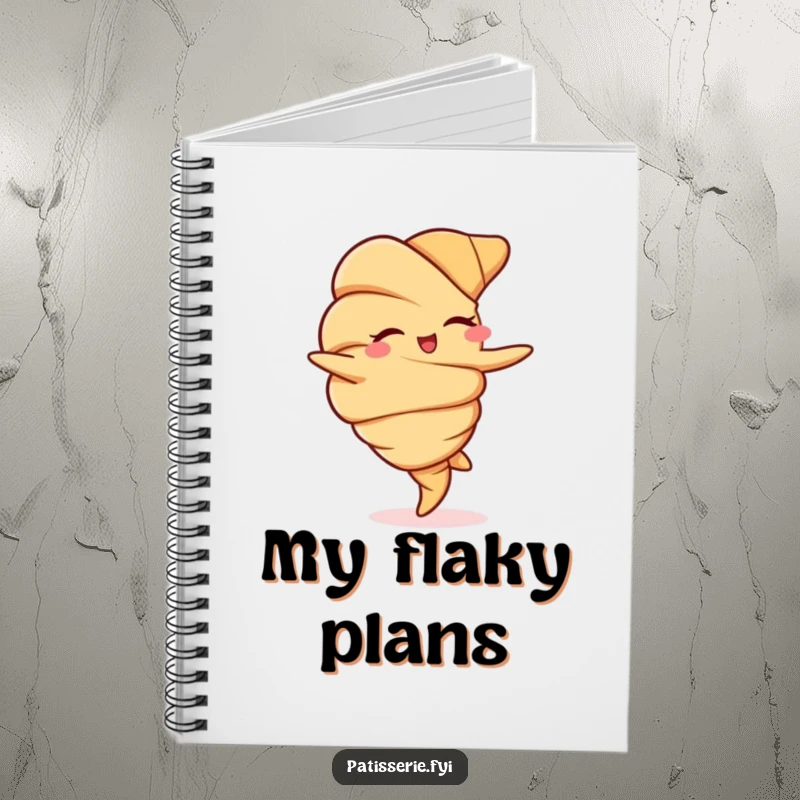 Funny notebook cover featuring a winking croissant doing a cartwheel, ideal for jotting down notes and inspiration.