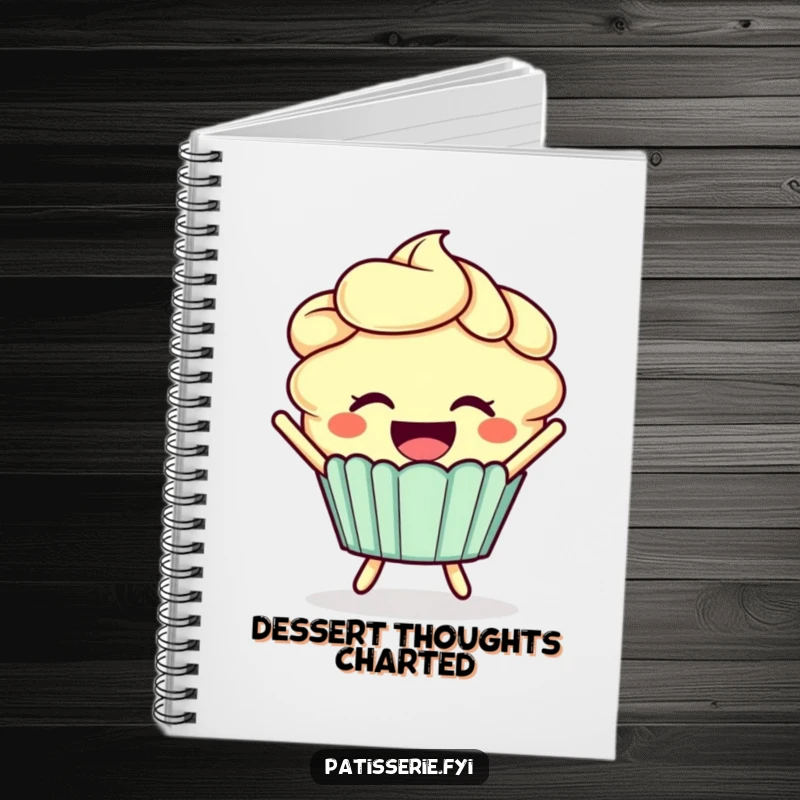 Funny cupcake notebook featuring a smiling cupcake with frosting hair joyfully leaping.