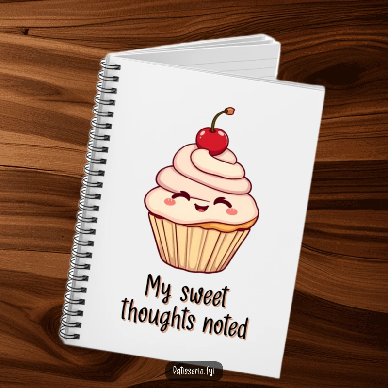 Funny notebook featuring a cheerful cupcake character winking while holding a cherry aloft, perfect for jotting down delightful plans.