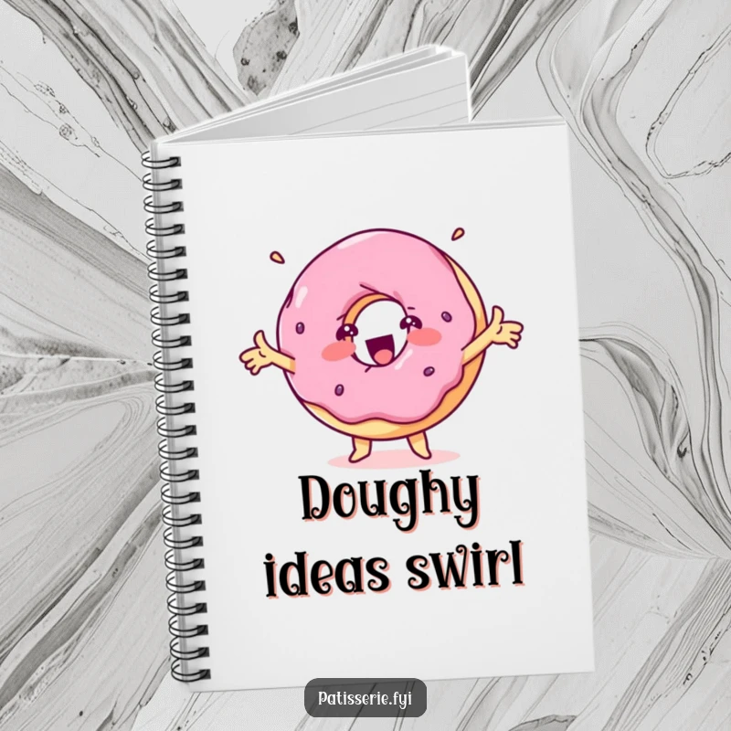 Funny delighted donut notebook with a spinning treat character with outstretched arms on the cover, perfect for notes.