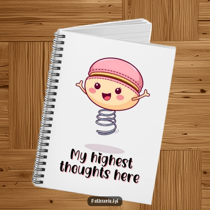 Funny macaron notebook featuring a cheerful cookie bouncing on a spring, ideal for writing down happy thoughts humorously.