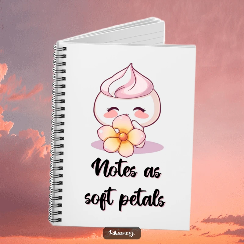 Funny Meringue Kiss Notebook featuring a cute meringue kissing a flower petal, ideal for notes and a funny gift.